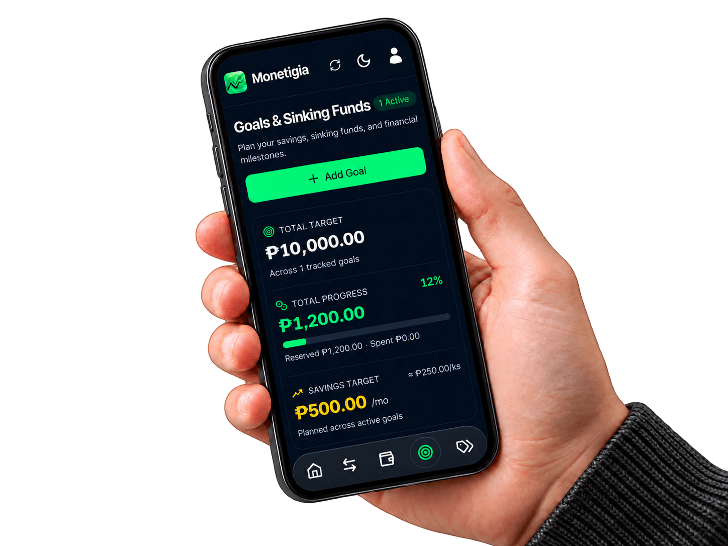 Sample Monetigia Goals screen in dark mode shown on a phone held in one hand