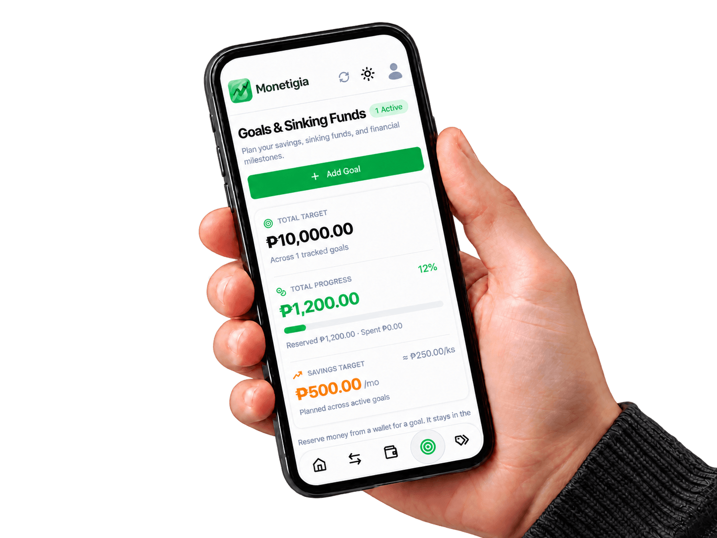 Sample Monetigia Goals screen shown on a phone held in one hand